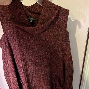 For Cynthia Maroon Cowl Neck Sweater Size Medium Cold Shoulder Tweed Design